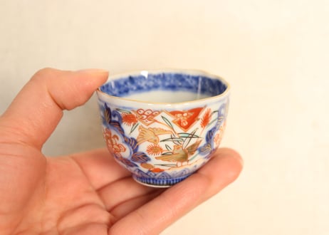 明治前期色絵芦に鳥と牡丹図通り物小向付②見込み淡め