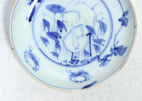 明治前期染付鷺と草花図小皿