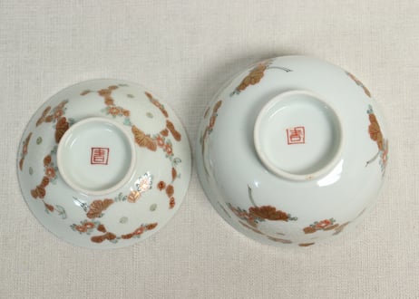 明治前期色絵三方菊図通り物飯茶碗