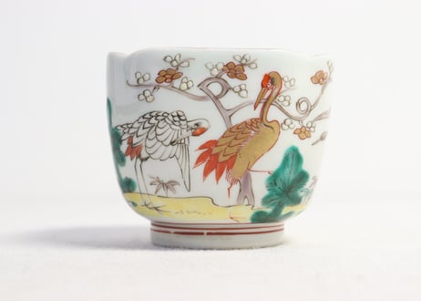 明治前期色絵松竹梅に鶴図角向付 5客組　窯傷有り