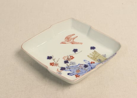 明治後期～大正色絵紅葉と鳥図縁立菱形皿②釉剥げ