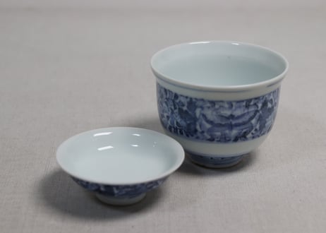 大正～昭和戦前ゴム判蝶と唐草図つぼ椀