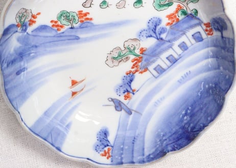 明治前期色絵山水図なます皿　釉弾き
