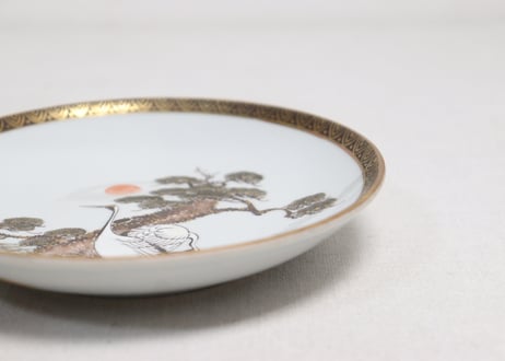 明治前期九谷焼色絵松鶴図通り物5寸皿①
