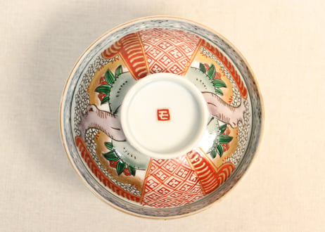 明治前期色絵桜と万年青図通り物飯茶碗②薄め