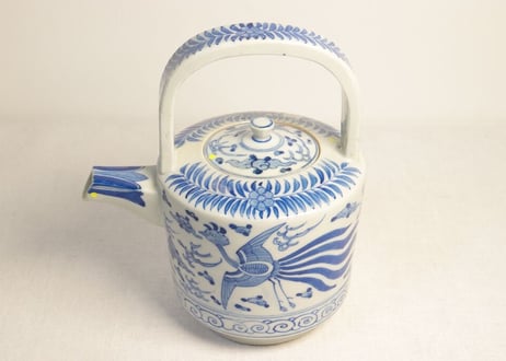 明治前期染付鳳凰図銚子 共箱付き,2ｐセット/ニュウ,蓋小ホツ複数
