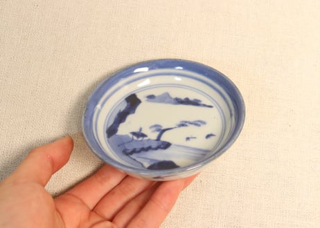 江戸中期染付山水と輪線縁小皿