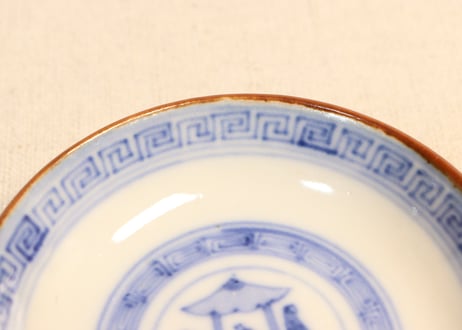 明治前期染付三方に山水窓絵と萩唐草図イゲ縁通り物飯茶碗