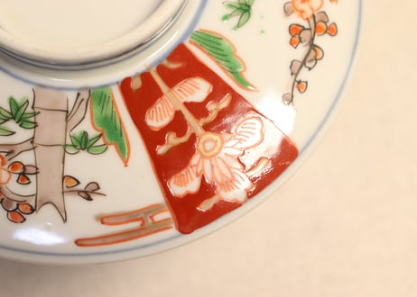 明治前期色絵竹梅と牡丹図蒸茶碗
