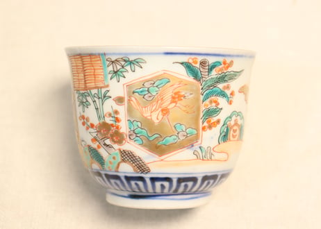 明治前期色絵菱文に松竹梅と鶴亀図向付