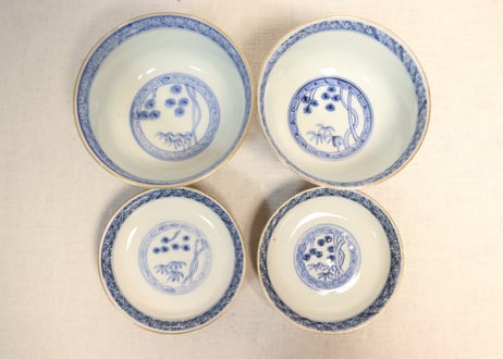 明治前期色絵芦に鳥と牡丹図通り物飯茶碗