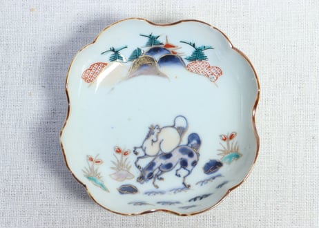 江戸中期色絵馬図四弁通り物小皿 　5客組