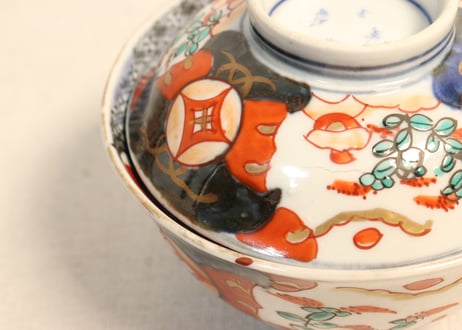 明治前期色絵萩と七宝文図飯茶碗①窯傷