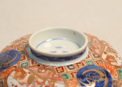 明治前期色絵梅と人物と青玉図蒸茶碗 5客組