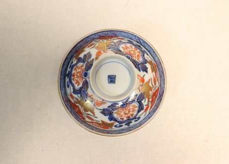 明治前期色絵芦に鳥と牡丹図通り物飯茶碗