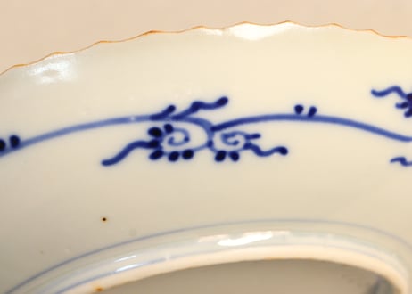 明治前期染付三方に山水窓絵と萩唐草図イゲ縁通り物８寸皿