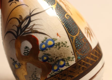 大正～昭和戦前九谷焼色絵四君子図蓋付一合徳利