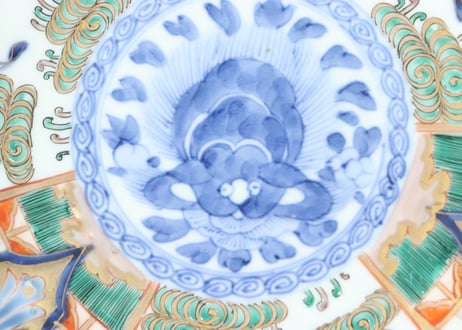 明治前期色絵獅子牡丹と人物図通り物7寸皿