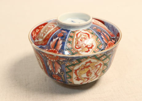 明治前期色絵四方に龍と鳳凰図通り物飯茶碗
