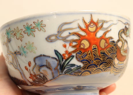 明治前期色絵龍と宝珠に人物通り物蒸茶碗 身のみ