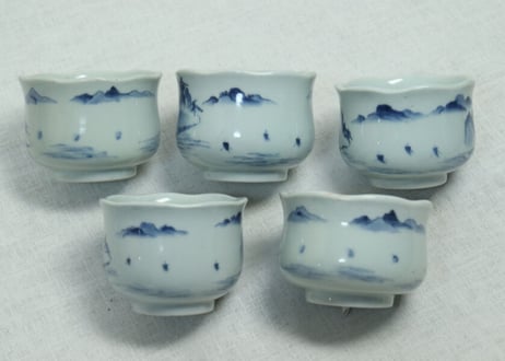 江戸幕末染付山水図輪花向付 5客組