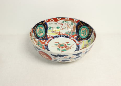 明治前期色絵松竹梅と鶴図8寸鉢①