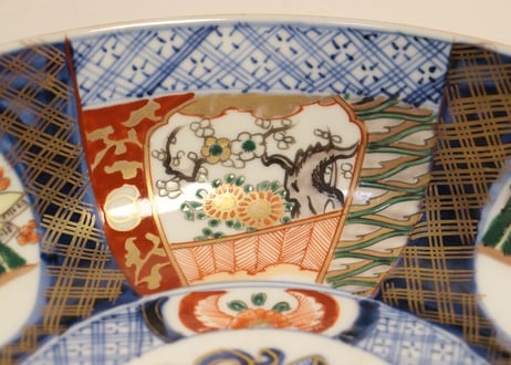 明治前期色絵六方に梅と山水図三つ組鉢