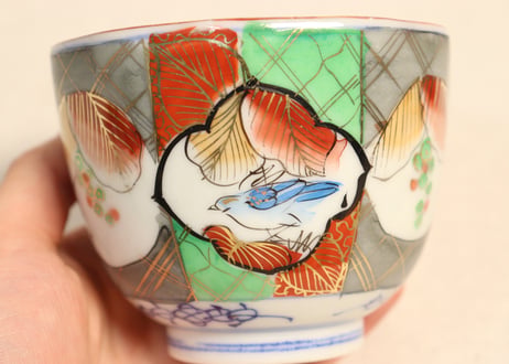 明治後期~大正色絵山葡萄と小鳥図向付