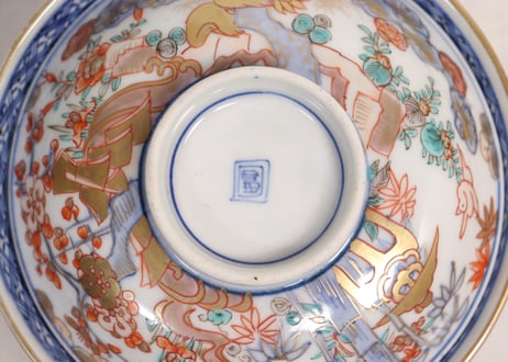明治前期色絵三方松竹梅と花鳥図通り物飯茶碗