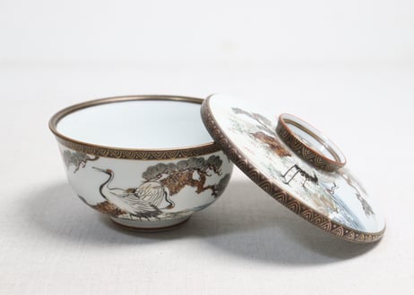 明治前期九谷焼色絵松鶴図通り物蒸茶碗