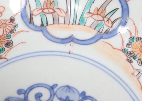 明治前期色絵梅に鶯と菖蒲図通り物7寸皿①