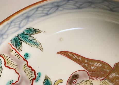 明治前期色絵柘榴と鳥図5寸深皿 釉剥げ