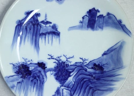 明治前期染付山水図7寸皿