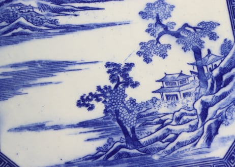 明治後期~大正銅判山水図角皿 ムシクイ,かたつき,ノミホツ