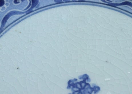 江戸中期染付流水に桜と矢羽根図６寸皿　甘手