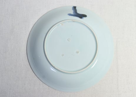 江戸後期染付波に菊図７寸皿　共箱付5客組　かたつき有り