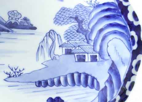 明治後期～大正染付山水図花柄縁7寸皿