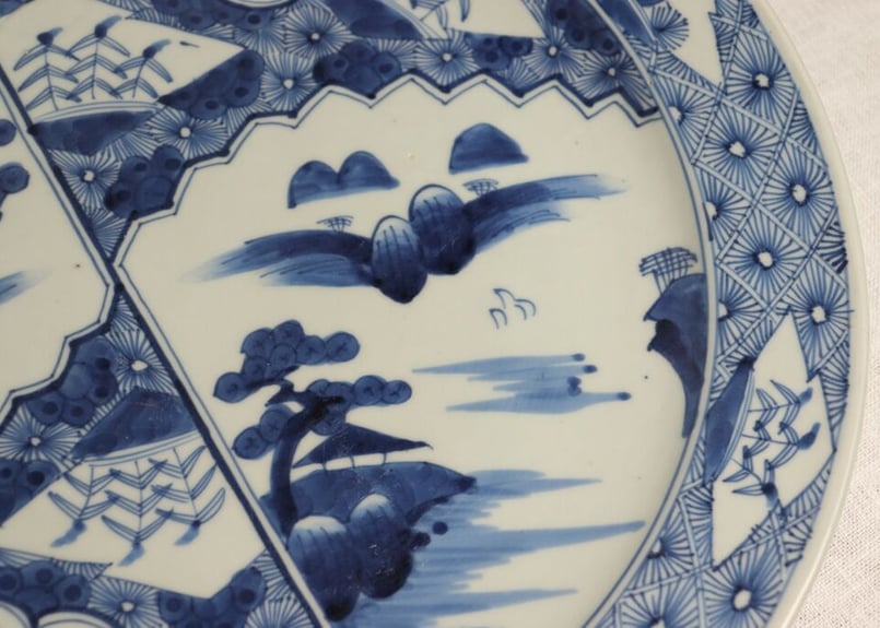 江戸幕末染付扇面に山水と龍図尺三寸皿 | 吉祥寺PukuPuku