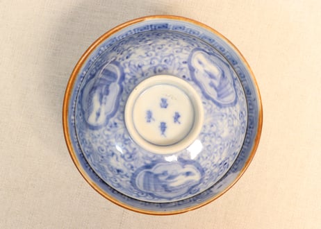 明治前期染付三方に山水窓絵と萩唐草図イゲ縁通り物飯茶碗