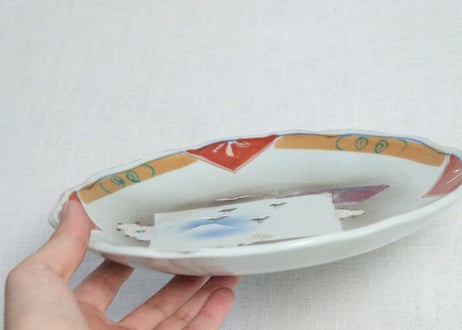 明治後期～大正色絵富士に鶴図7寸皿　少かたつき
