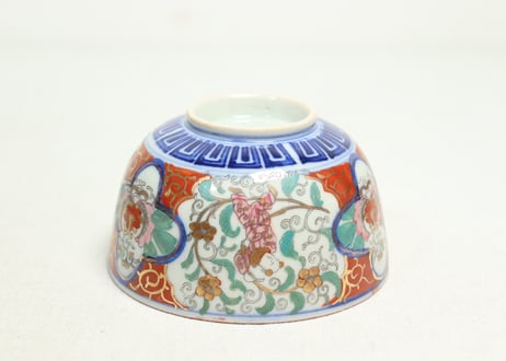 明治後期～大正色絵プリント花と唐子図蒸茶碗