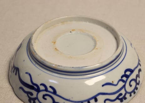 明治前期紙刷三方に牡丹図なます皿