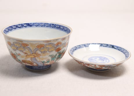 明治前期色絵三方松竹梅と花鳥図通り物飯茶碗