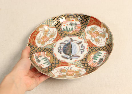 明治前期色絵桃に山水と鳥籠図通り物7寸皿②ムシクイ