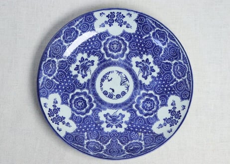 明治前期紙刷牡丹図尺皿　小ホツ,かたつき