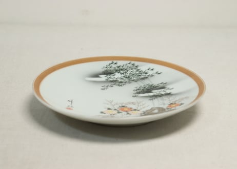 昭和戦前色絵プリント菊と竹林図6寸皿