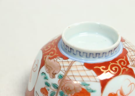 明治前期色絵瓢箪に蝶と花鳥図飯茶碗②高台ホツ,窯傷