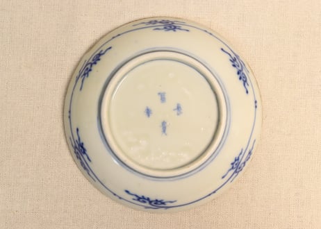 明治前期染付三方に山水窓絵と萩唐草図イゲ縁通り物なます皿