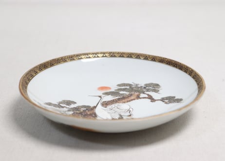 明治前期九谷焼色絵松鶴図通り物5寸皿②ムシクイ