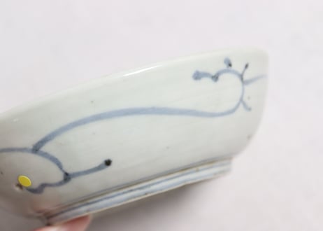 江戸中期染付扇面と巾着図くらわんかなます皿②濃いめ,フリモノ,窯傷